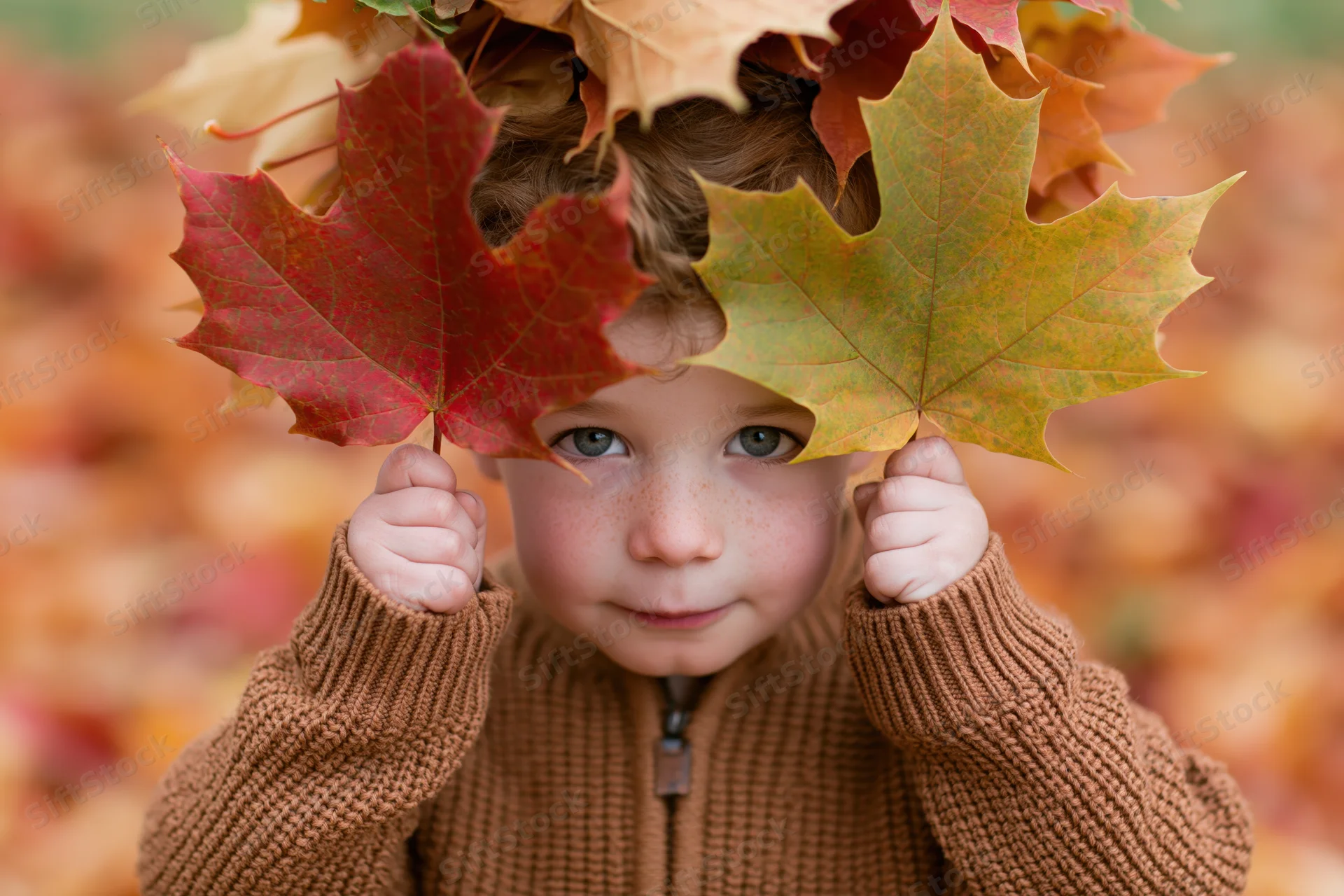 Young boy peeking playfully over two large maple leaves in autumn foliage