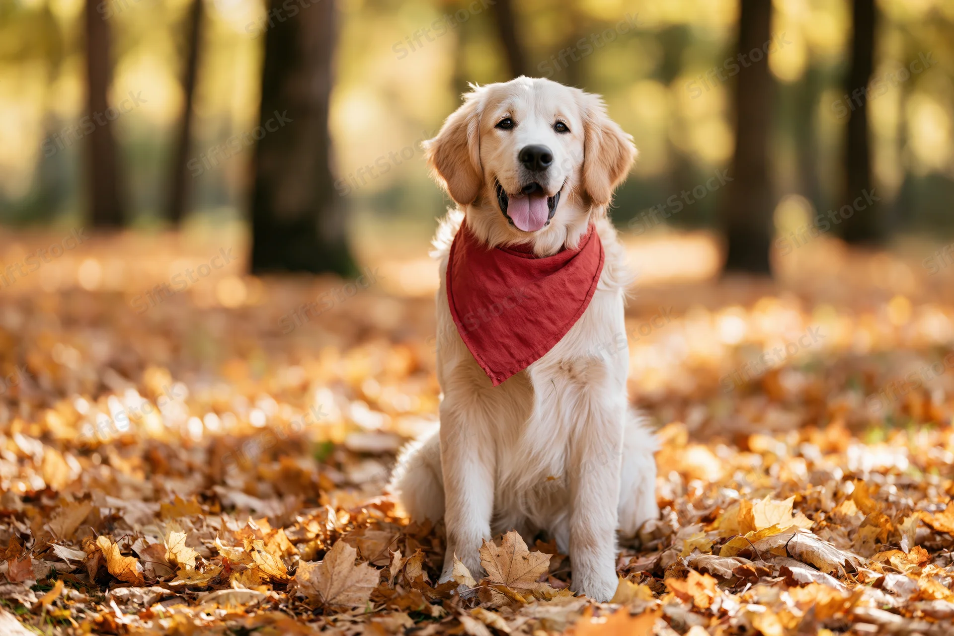 Golden retriever puppy sitting upright on a carpet of autumn leaves in a forest