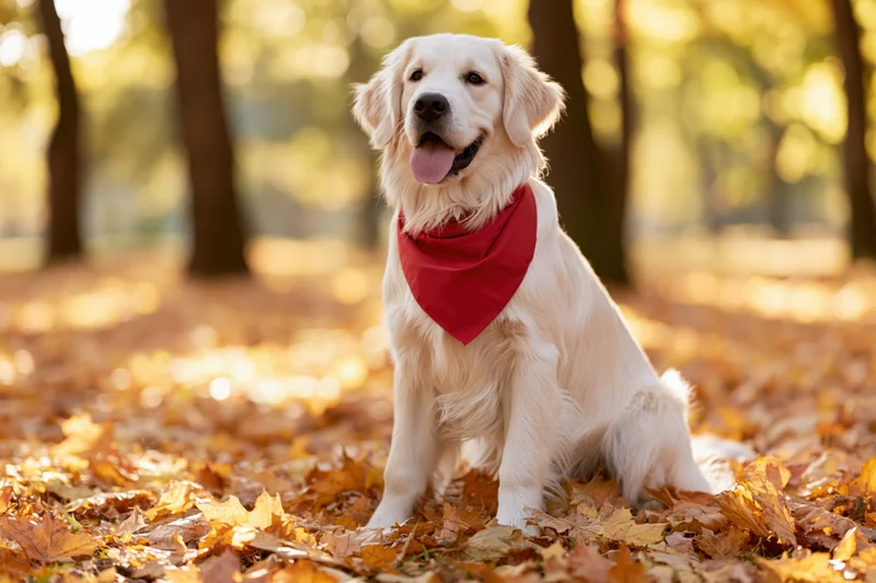 Young golden retriever sitting upright on a carpet of autumn leaves in a sunlit forest