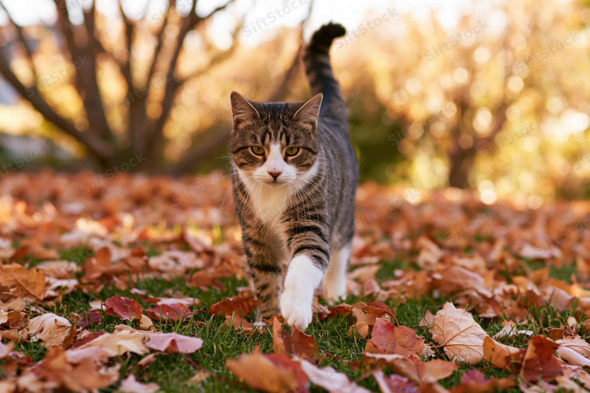 Tabby and white cat walking toward camera on grass covered in autumn leaves