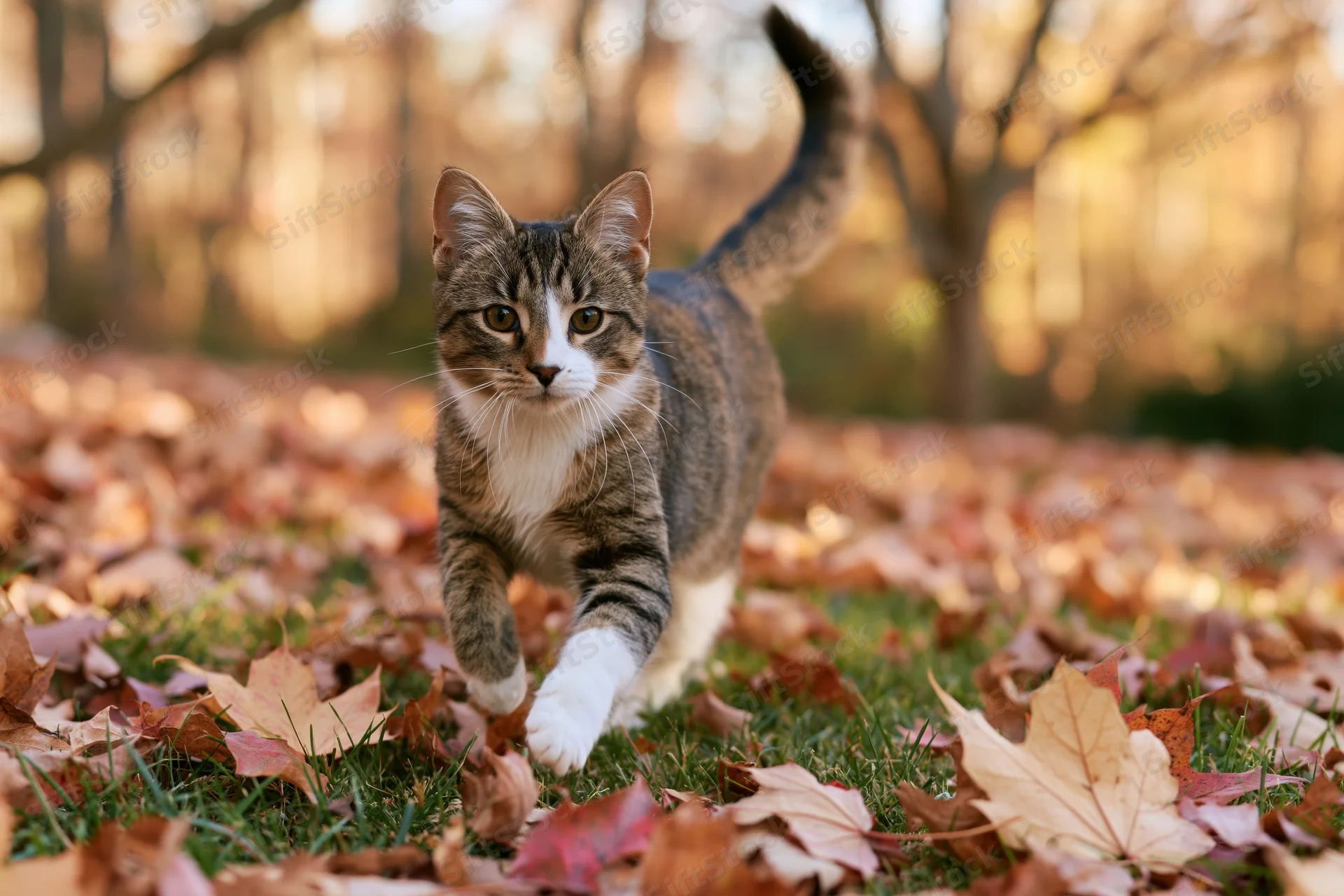 Young tabby and white cat walking toward camera on grass covered in autumn leaves