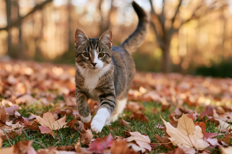 Young tabby and white cat walking toward camera on grass covered in autumn leaves