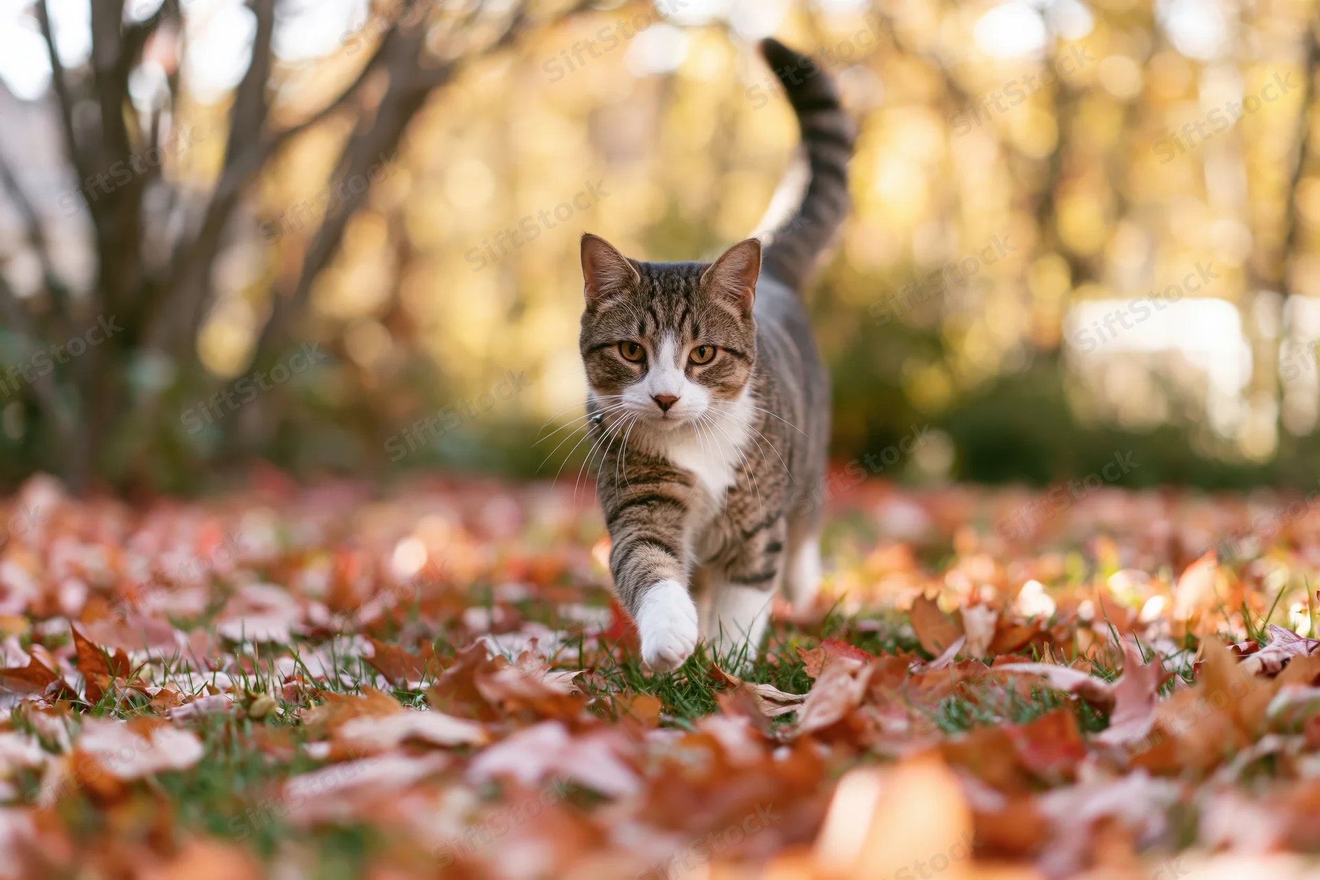 Tabby and white cat walking toward camera on grass covered in autumn leaves