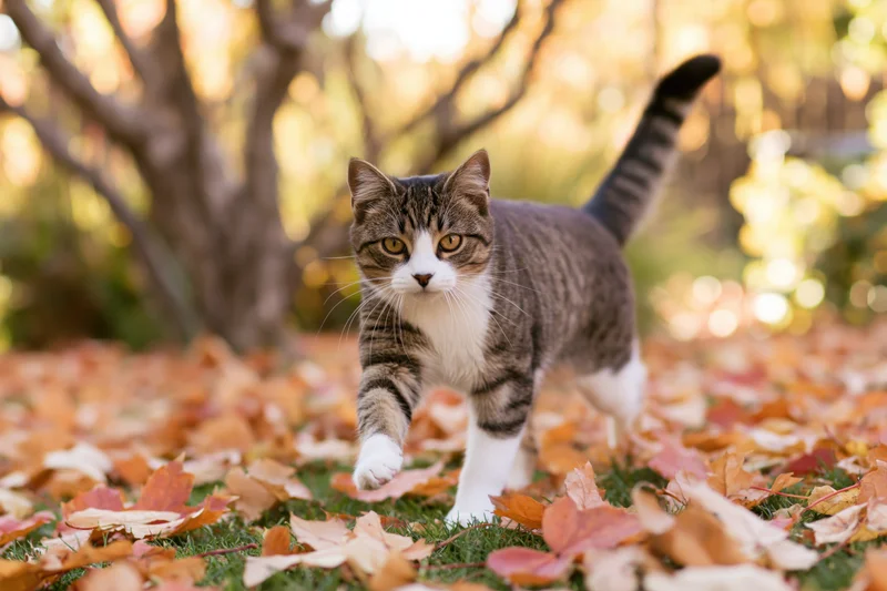 Tabby and white cat trotting toward camera on grass covered in autumn leaves