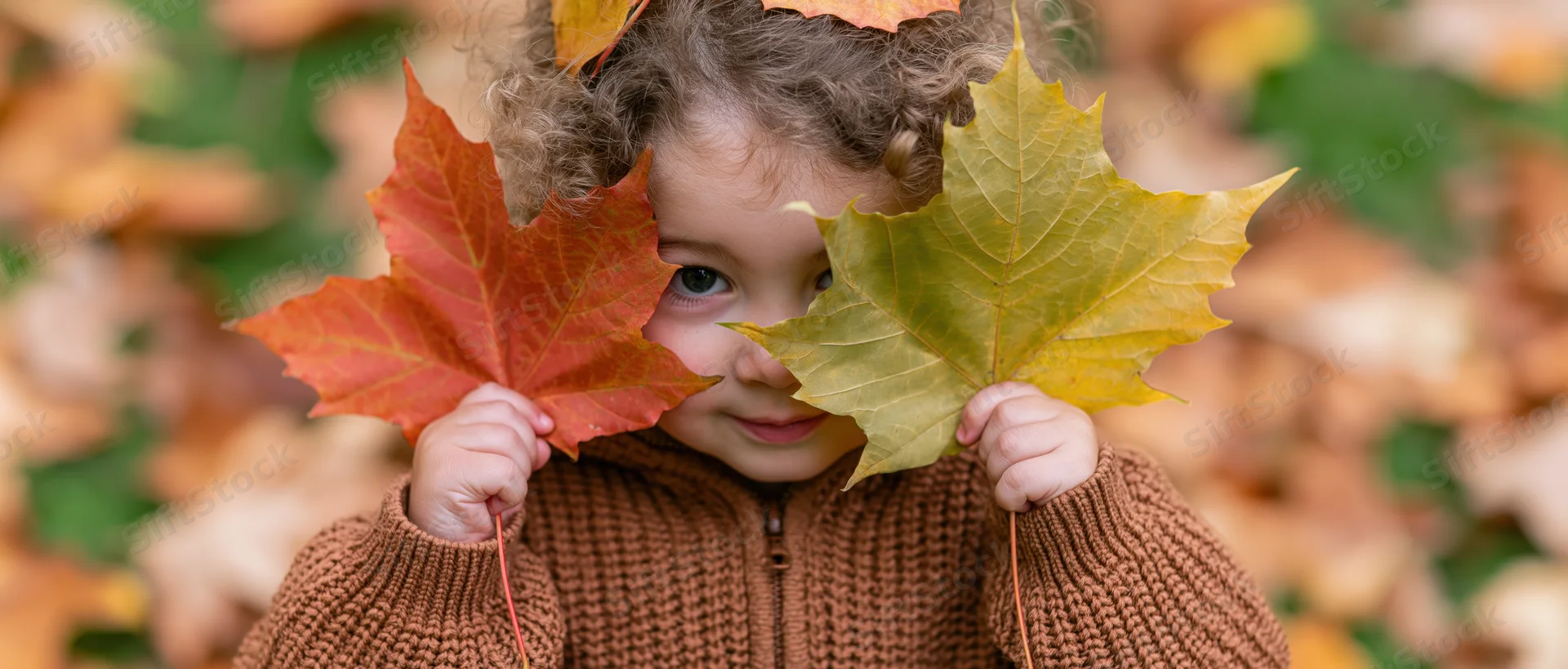 Toddler holding two maple leaves to face, peeking through them in autumn park