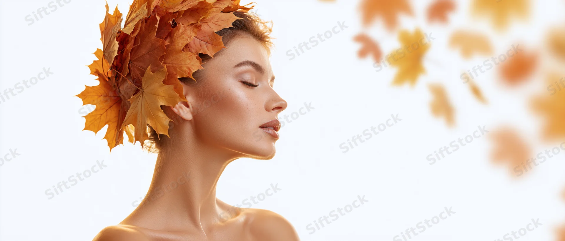 Woman in profile with autumn maple leaves in her hair, eyes closed, against white background