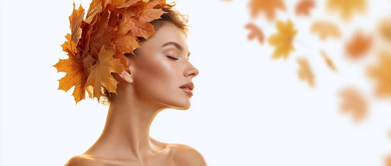 Woman in profile with autumn maple leaves in her hair, eyes closed, against white background