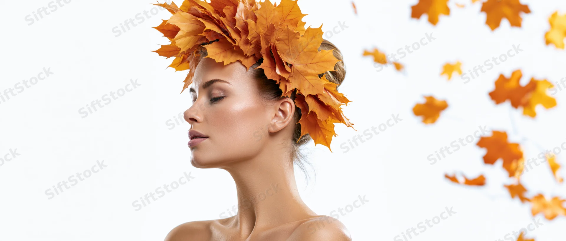 Woman in profile with maple leaf crown and falling leaves against white background