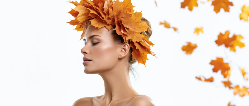 Woman in profile with maple leaf crown and falling leaves against white background