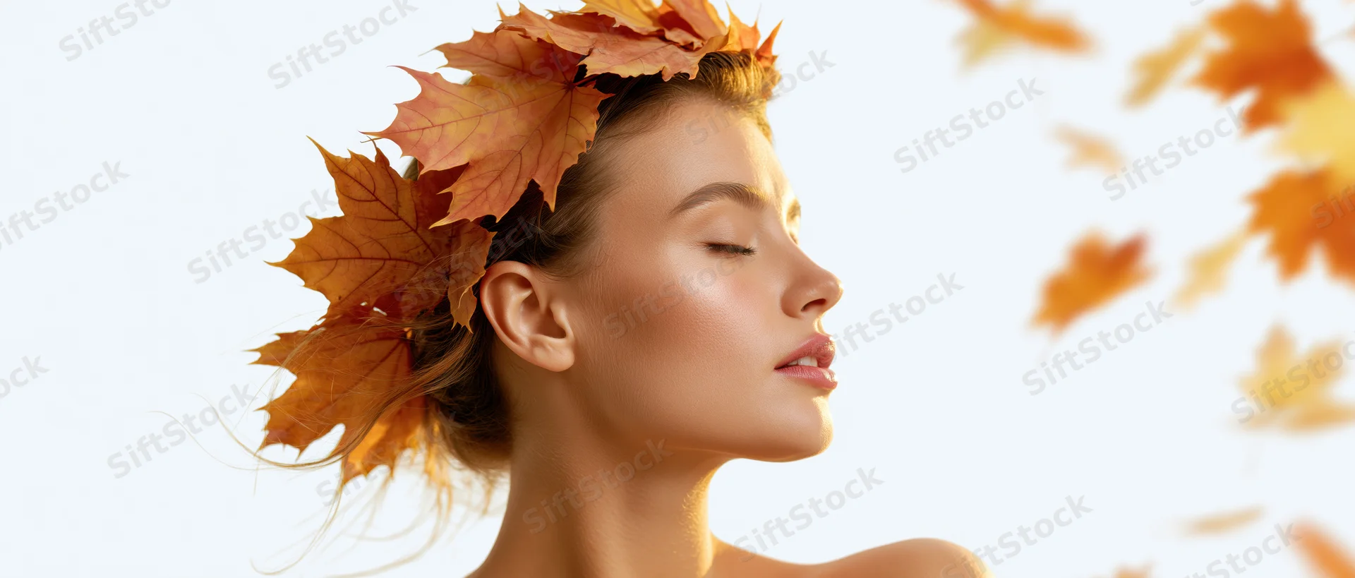 Young woman in profile with autumn maple leaves in her hair, eyes closed, against a bright background