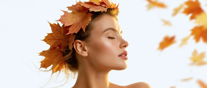 Young woman in profile with autumn maple leaves in her hair, eyes closed, against a bright background