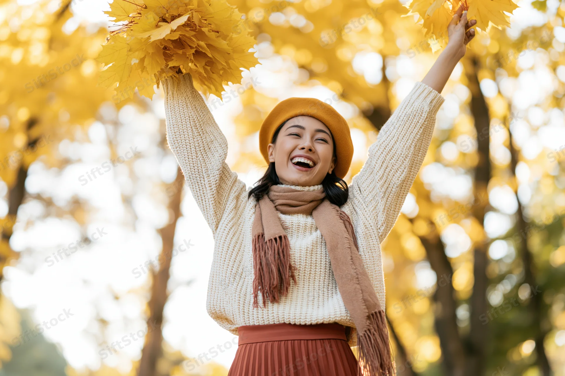 Woman laughing with arms raised holding yellow leaves in autumn park