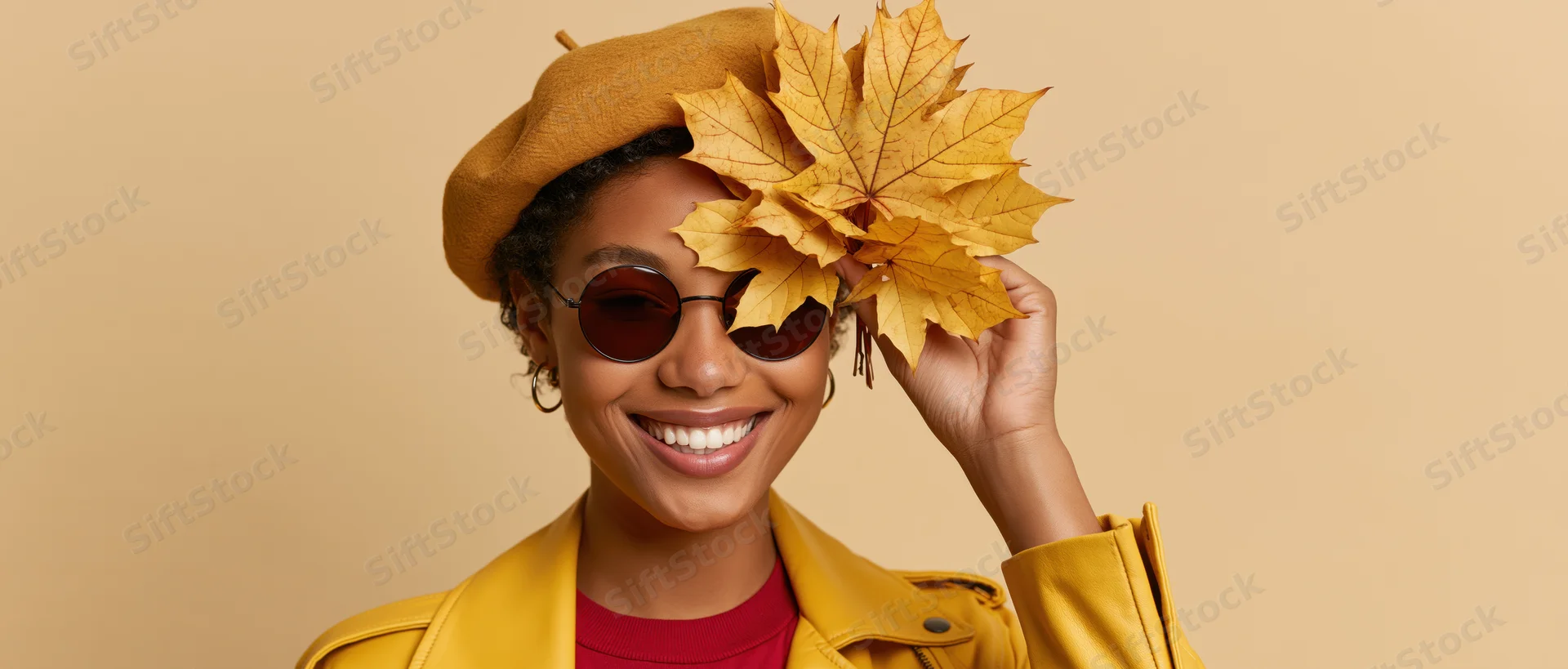 Smiling woman holding golden maple leaves near her face, wearing yellow beret and jacket against beige background