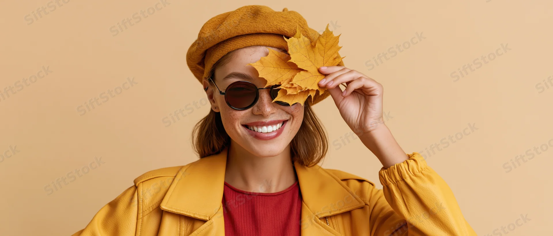 Woman smiling while holding golden maple leaf near face, wearing yellow jacket and beret, studio portrait