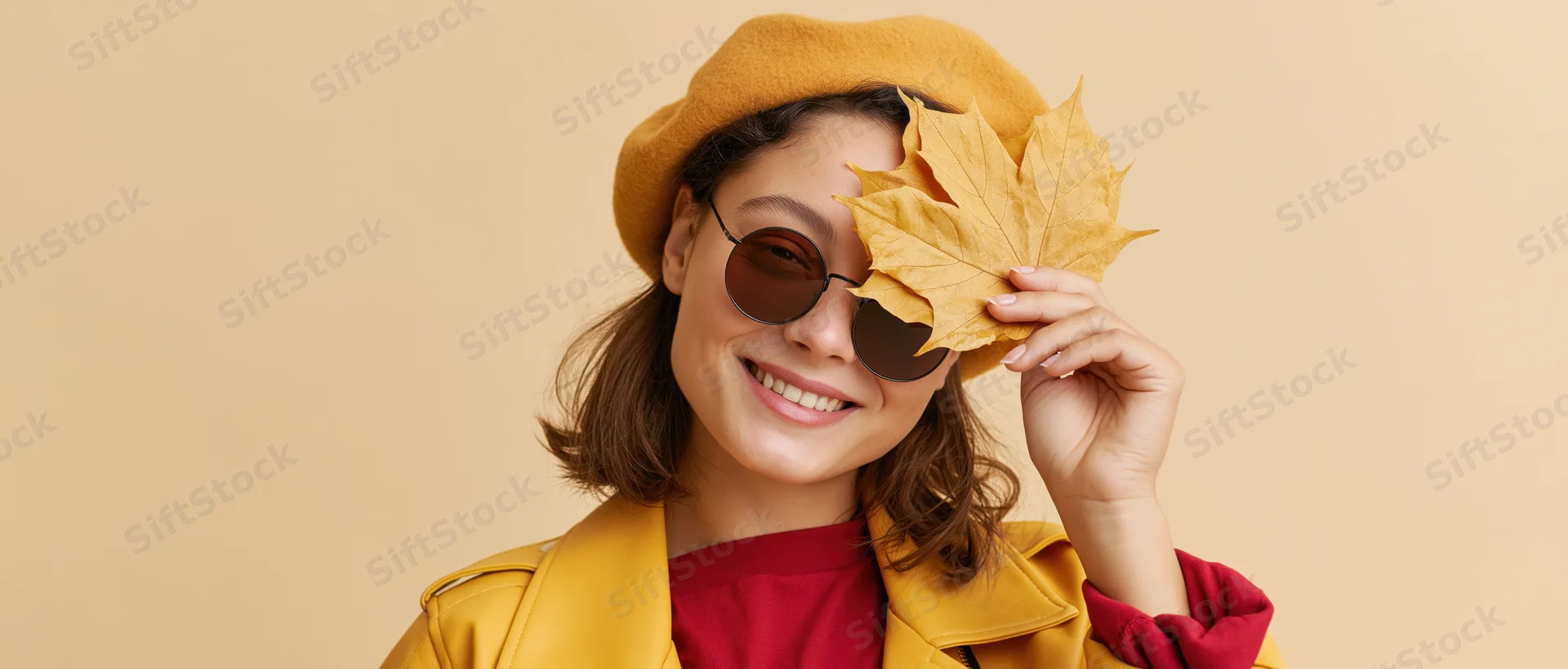 Young woman smiling and holding a golden maple leaf while wearing a yellow beret and coat in a studio setting