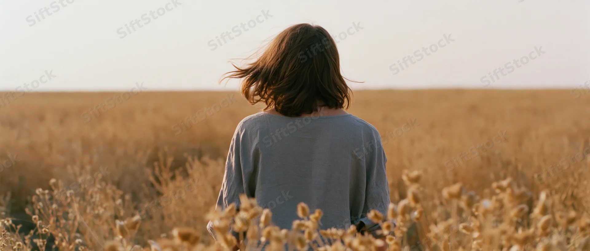 Woman standing with back to camera in a golden wheat field at dusk