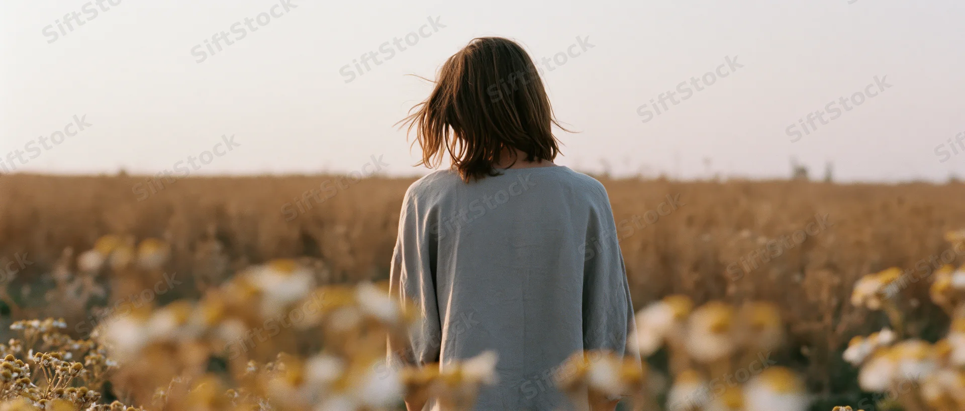 Woman standing with back to camera in a golden field of wildflowers at sunset