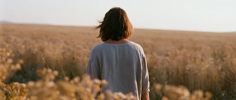 Woman standing with back to camera in a golden wheat field at sunset