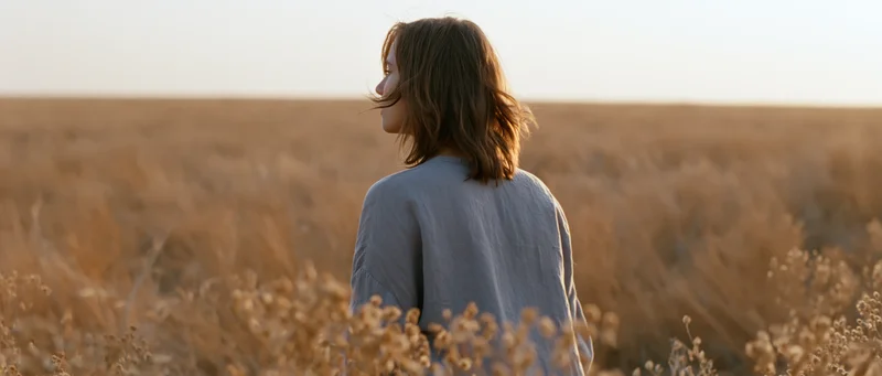 Woman standing with back to camera in a golden wheat field at sunset
