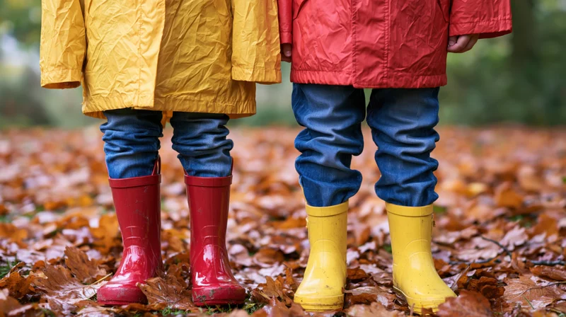 Two children standing side by side in autumn leaves wearing raincoats and rubber boots