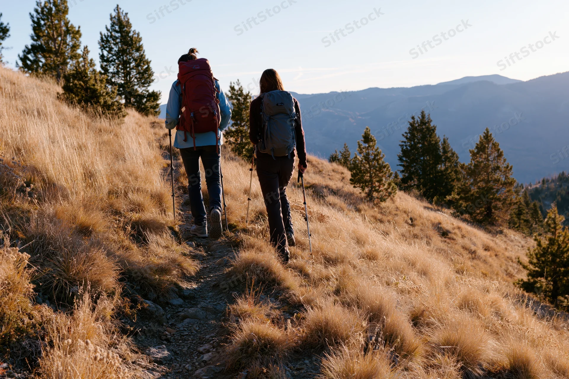 Two women hiking uphill on a sunlit autumn trail through grassy mountainside with pine trees