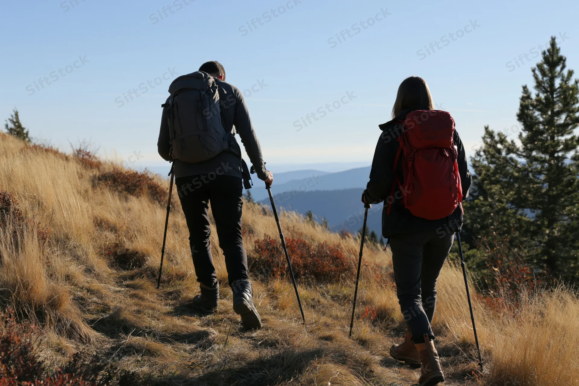 Couple hiking up a sunlit mountain slope with backpacks and trekking poles