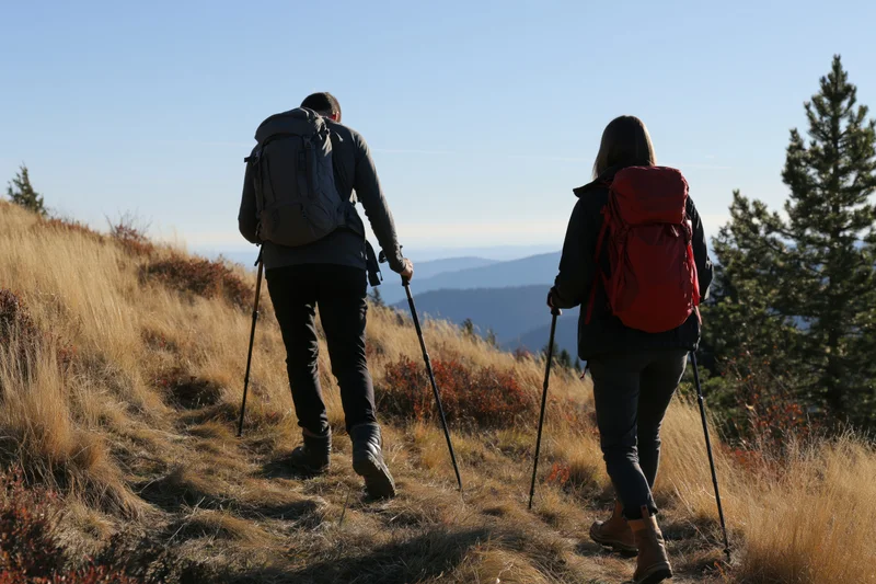 Couple hiking up a sunlit mountain slope with backpacks and trekking poles