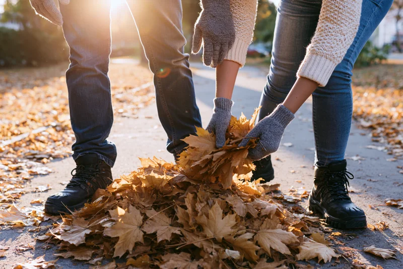Couple gathering fallen maple leaves on a sunlit park path in autumn