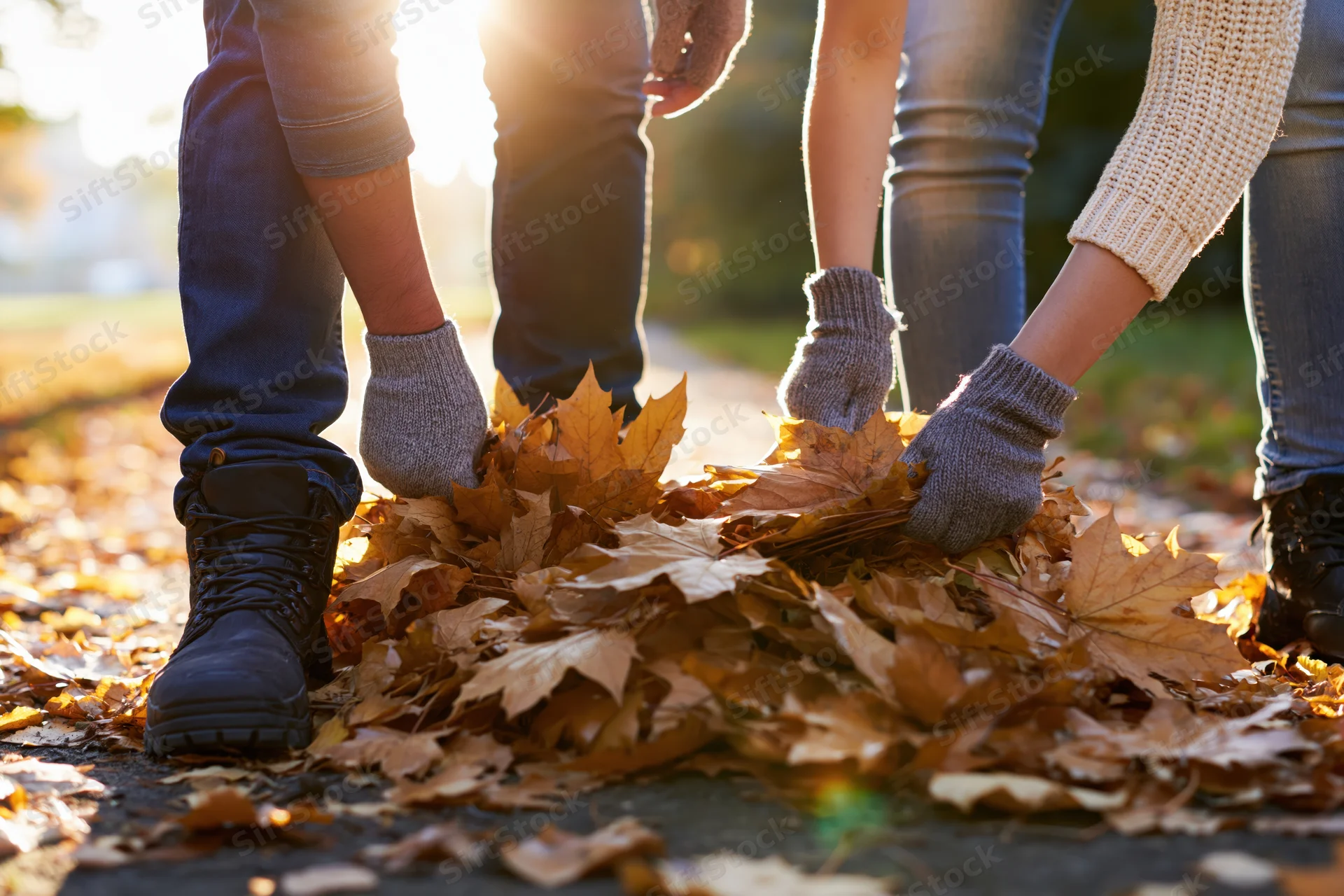 Two people gathering fallen autumn leaves on a sunlit park path