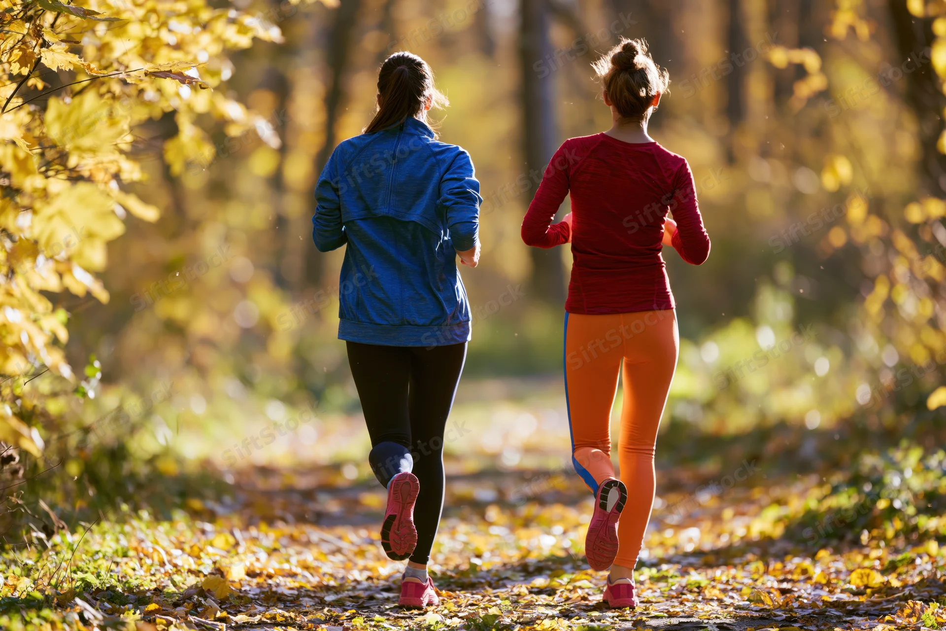 Two women running on a leaf-covered forest trail in autumn