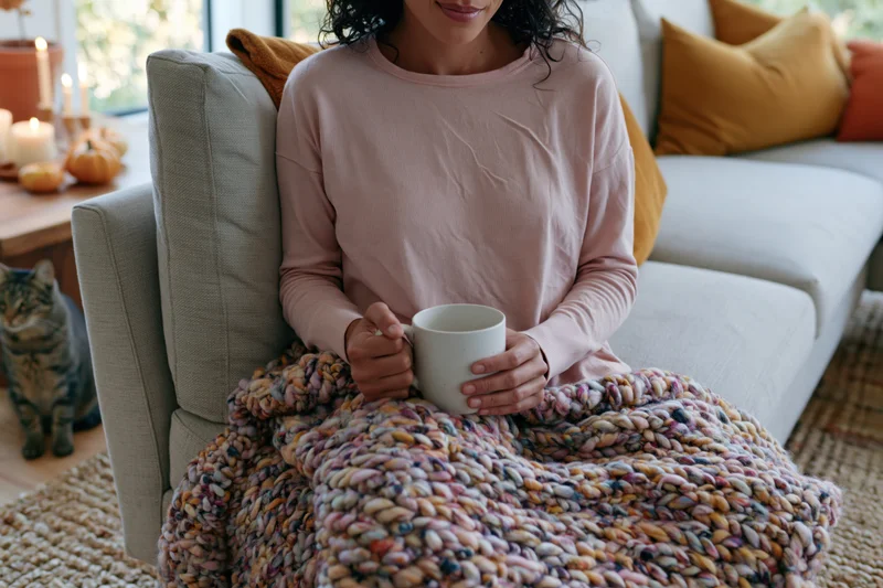 Woman sitting on sofa wrapped in knitted blanket holding mug in living room with cat and autumn decor