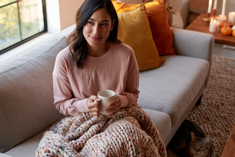 Woman sitting on sofa wrapped in knitted blanket holding mug with cat nearby in living room