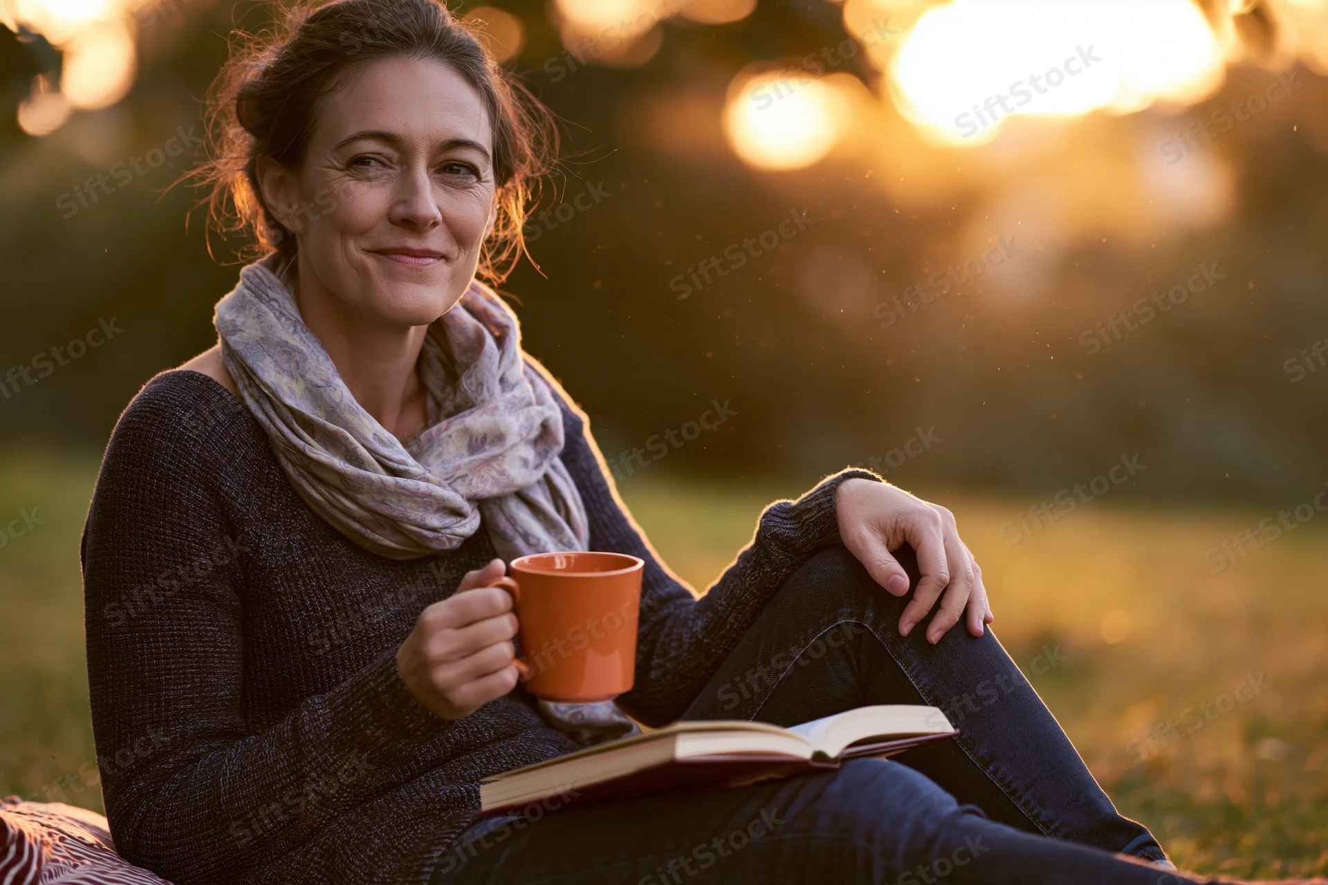 Woman reading a book while holding a mug outdoors at sunset