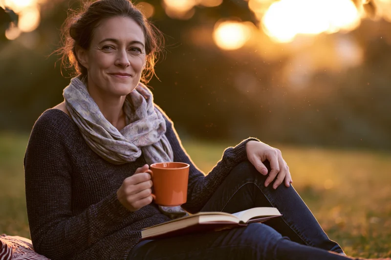 Woman reading a book while holding a mug outdoors at sunset
