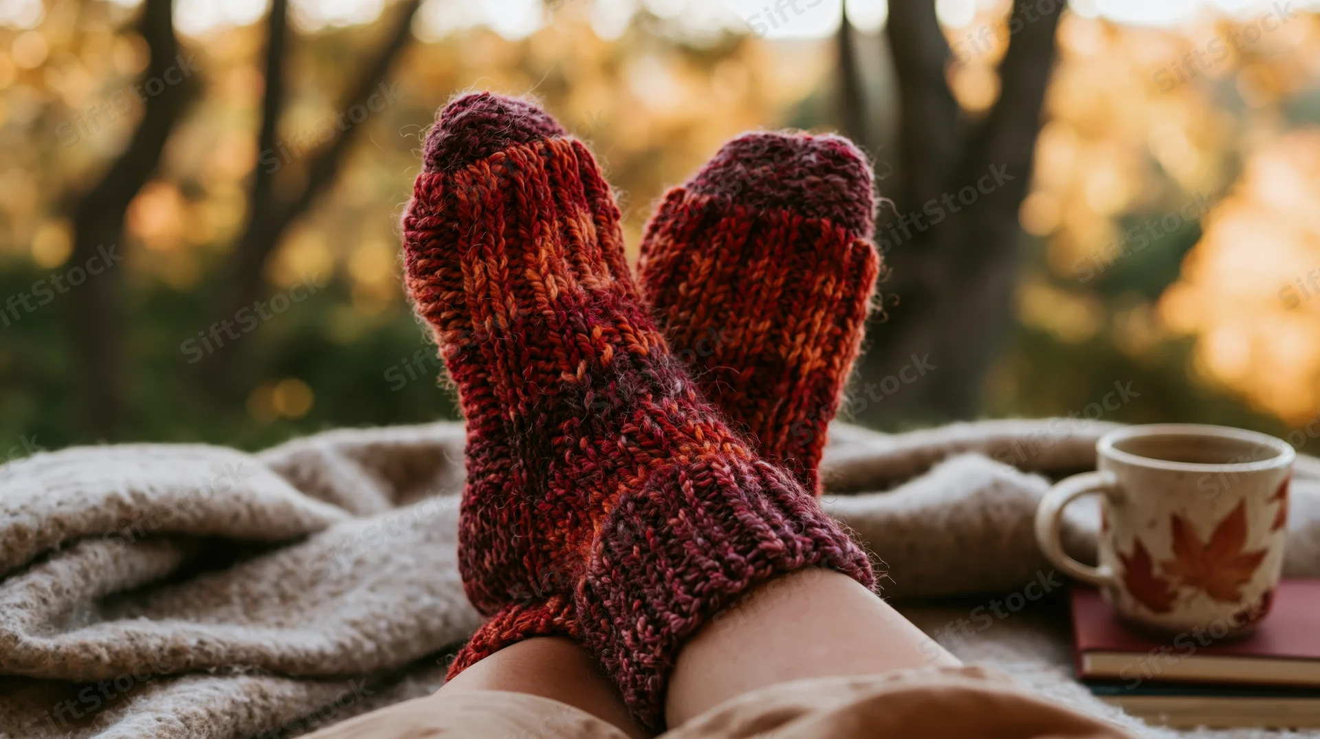 Woman's feet in knitted socks resting on a blanket beside a mug and books in a forest at golden hour