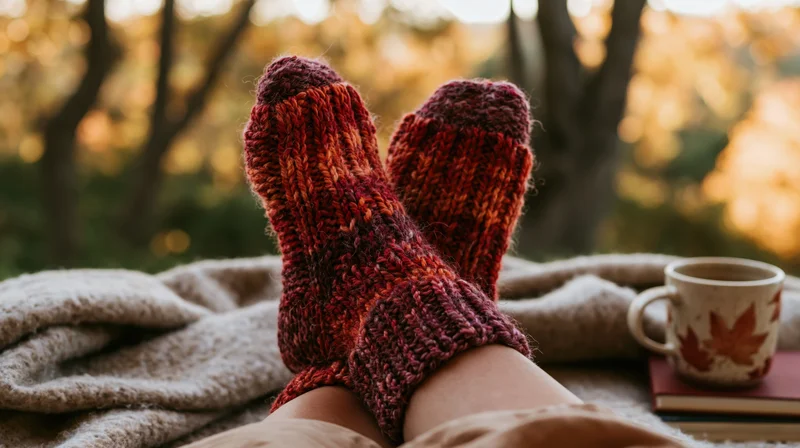 Woman's feet in knitted socks resting on a blanket beside a mug and books in a forest at golden hour