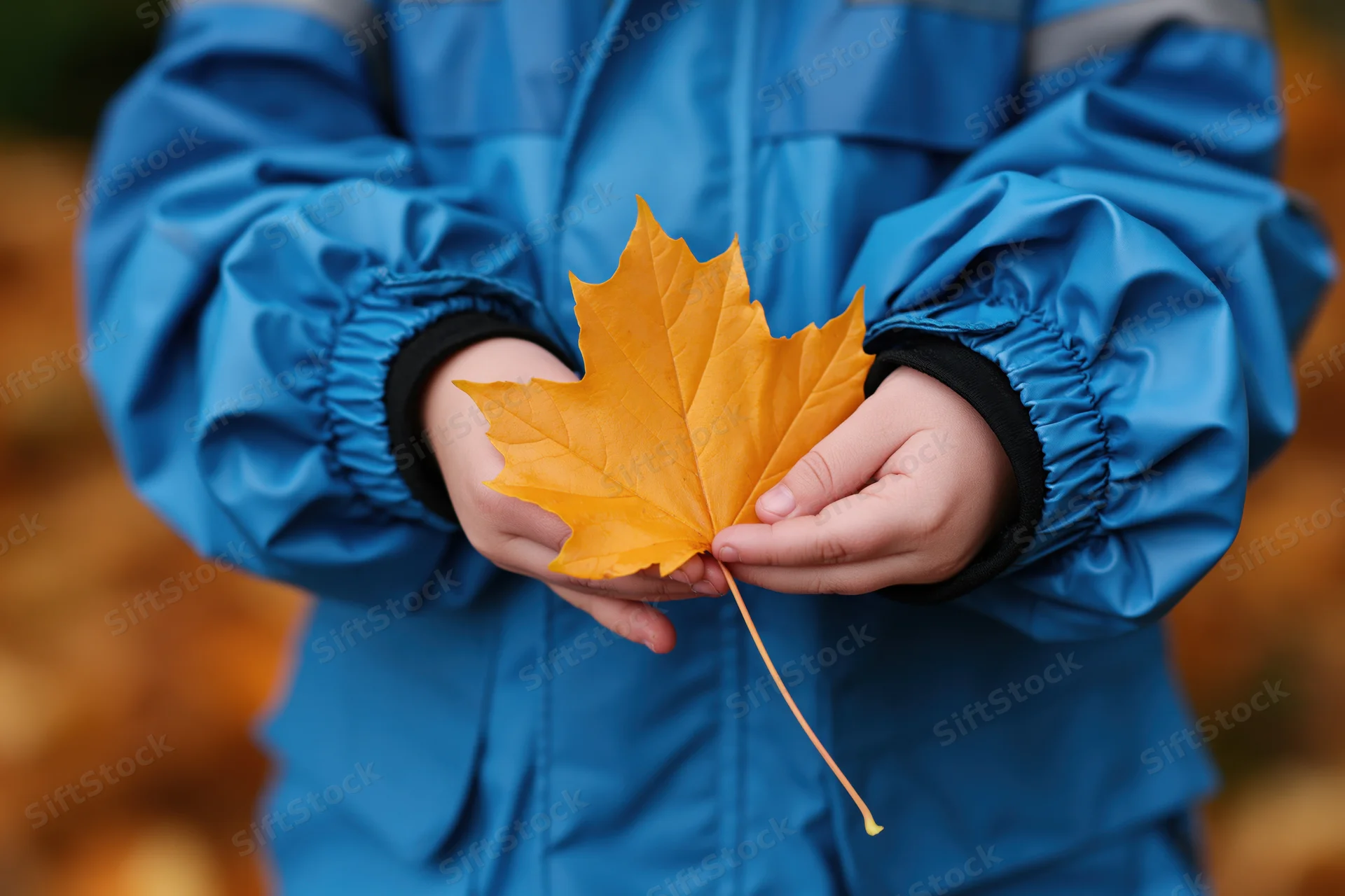 Child holding a yellow maple leaf in blue jacket outdoors in autumn