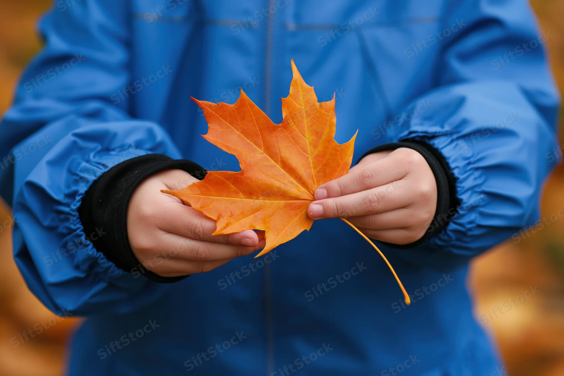 Child holding a bright orange maple leaf in autumn outdoors