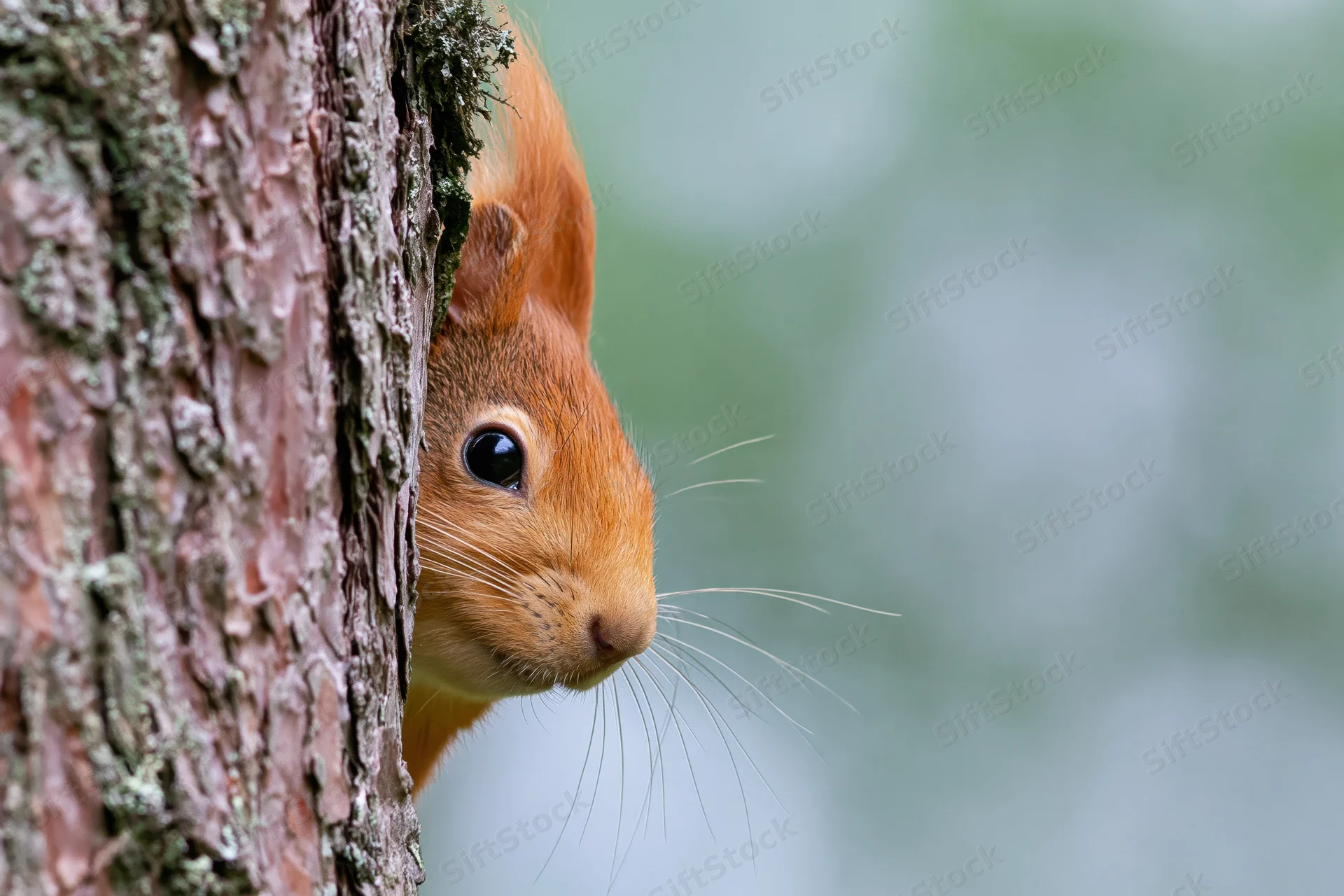 Red squirrel peeking from behind tree bark in forest setting