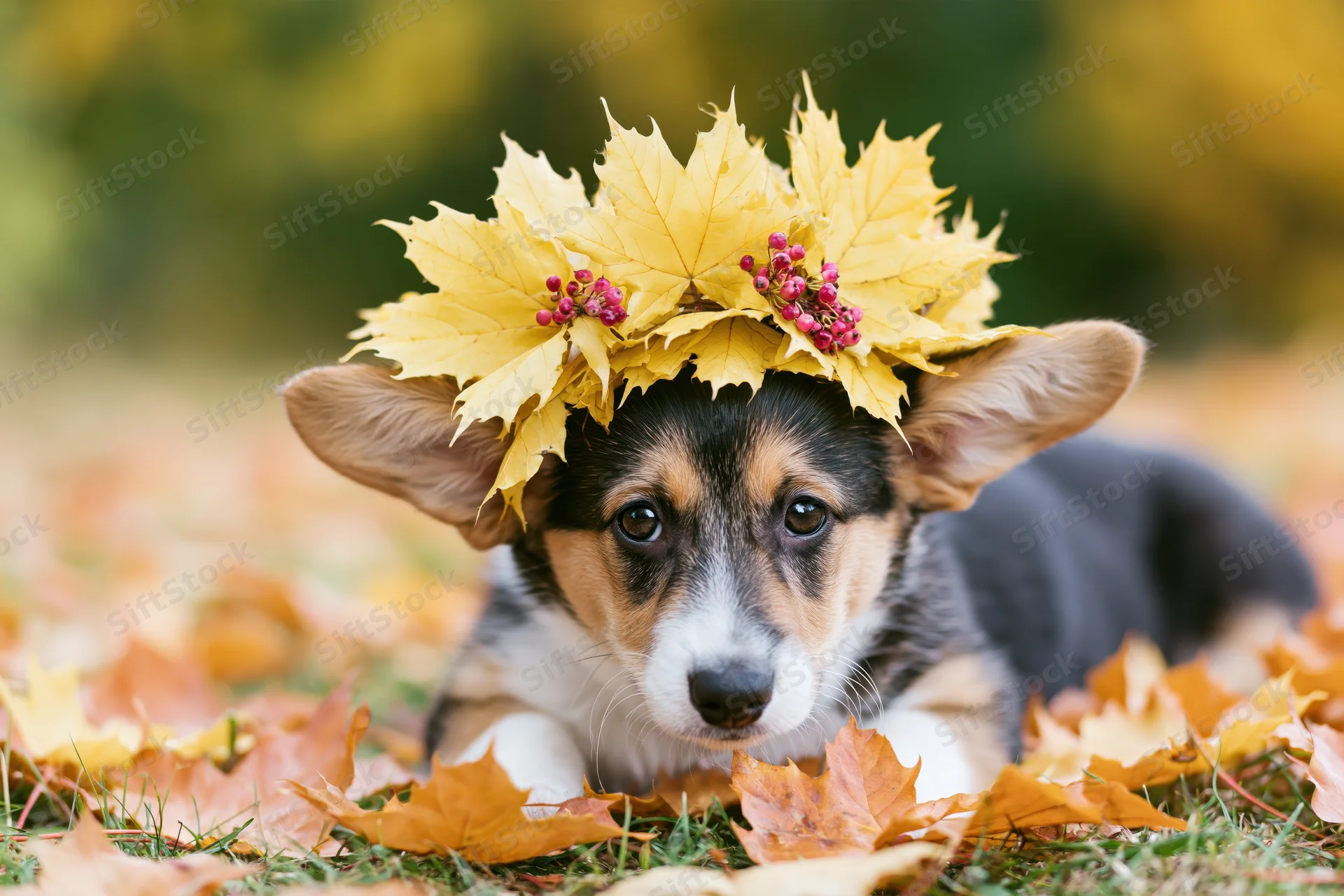 Pembroke welsh corgi puppy lying in autumn leaves wearing a leaf crown