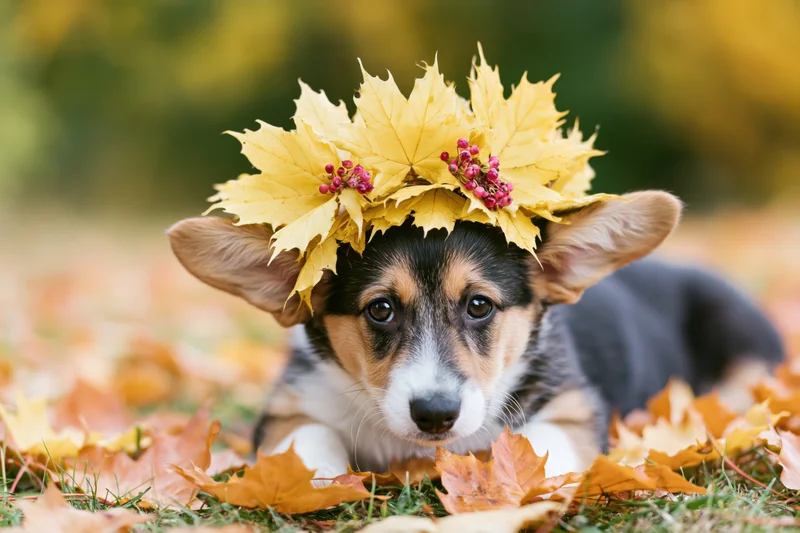 Pembroke welsh corgi puppy lying in autumn leaves wearing a leaf crown