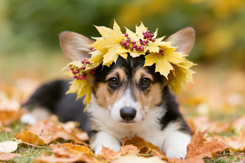 Pembroke welsh corgi puppy lying in fallen autumn leaves wearing a leaf crown with berries