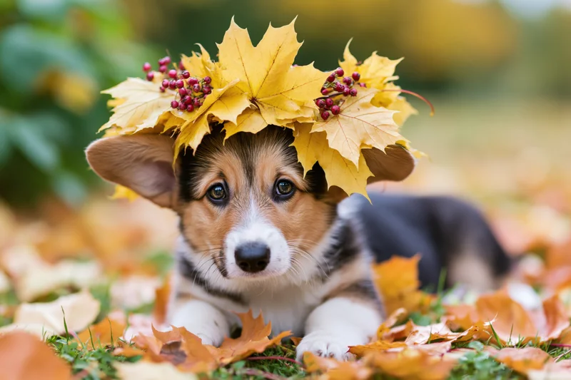 Pembroke welsh corgi puppy lying in autumn leaves wearing a leaf crown
