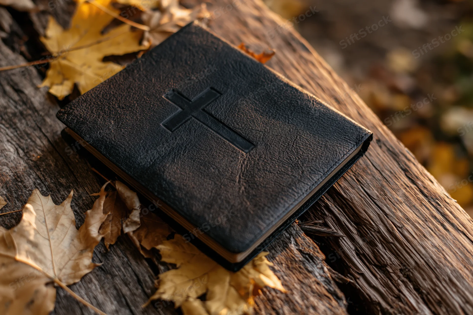 Black leather bible with embossed cross resting on a weathered wooden log surrounded by autumn leaves