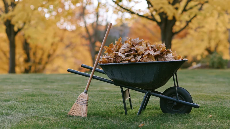 Black metal wheelbarrow filled with dry maple leaves on a grassy lawn with trees in autumn foliage