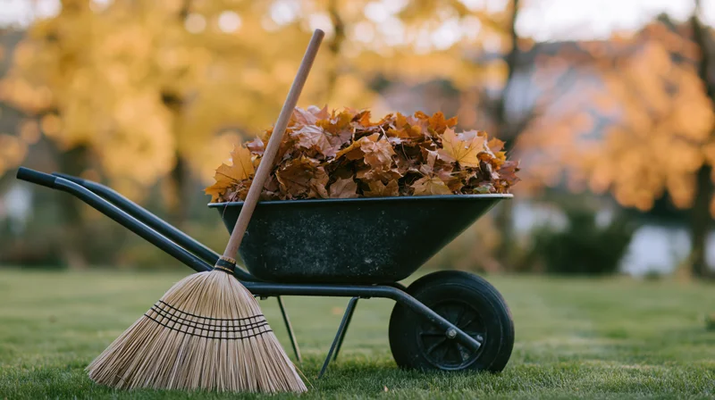 Wheelbarrow filled with dry maple leaves on a lawn with a broom leaning against it during autumn