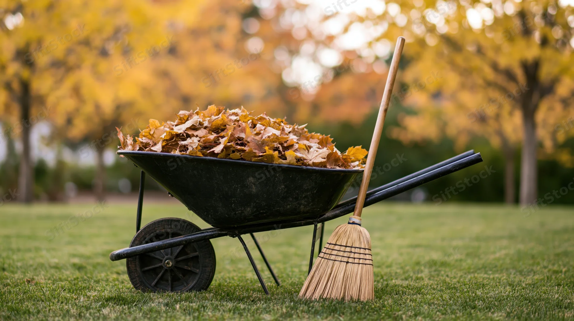 Black metal wheelbarrow filled with dry maple leaves on a grassy lawn with a broom leaning against it during autumn
