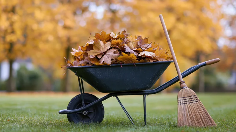 Wheelbarrow filled with fallen maple leaves on a lawn with a broom beside it in autumn