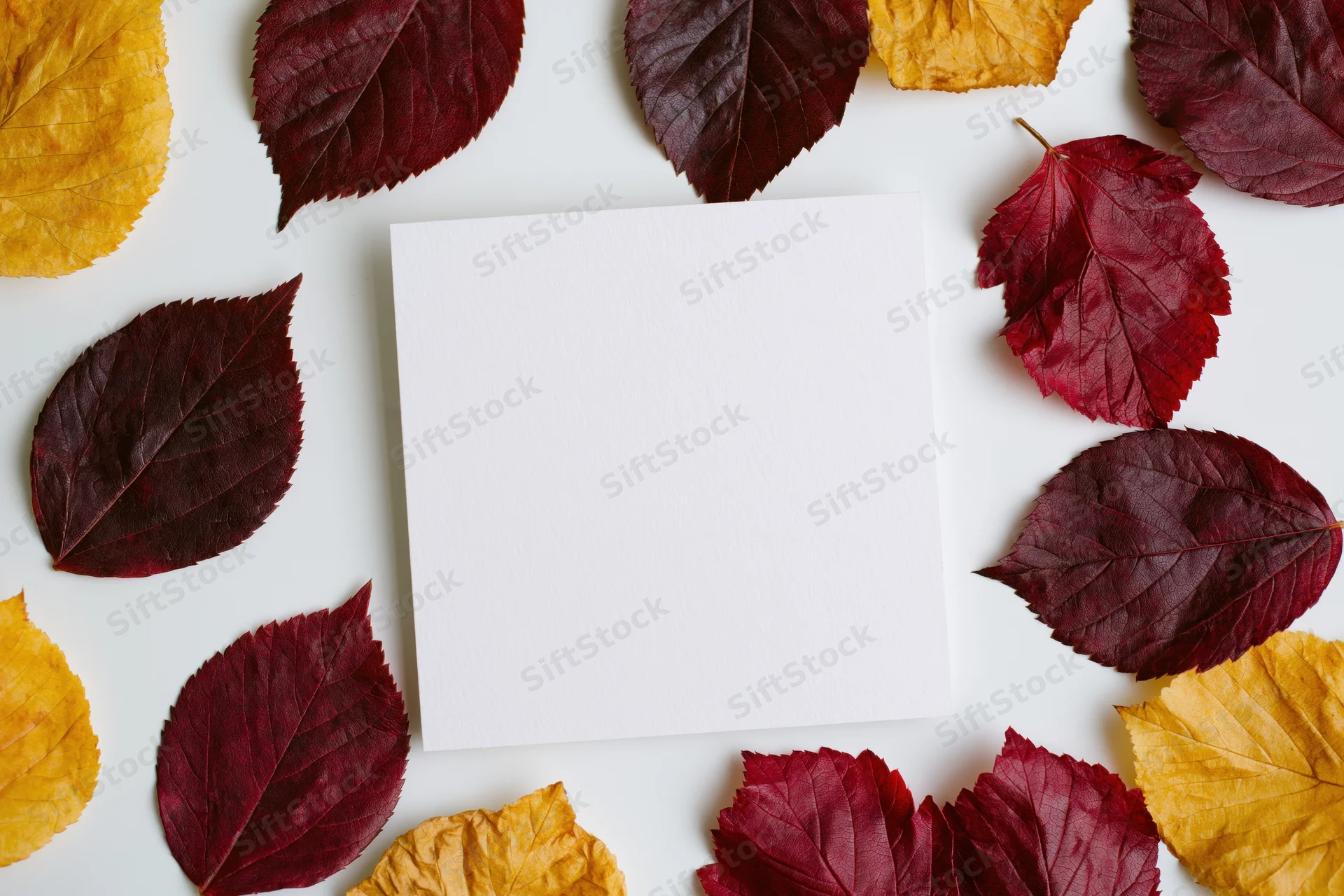 Blank white square card centered on a flat lay arrangement of red and yellow autumn leaves on a white surface