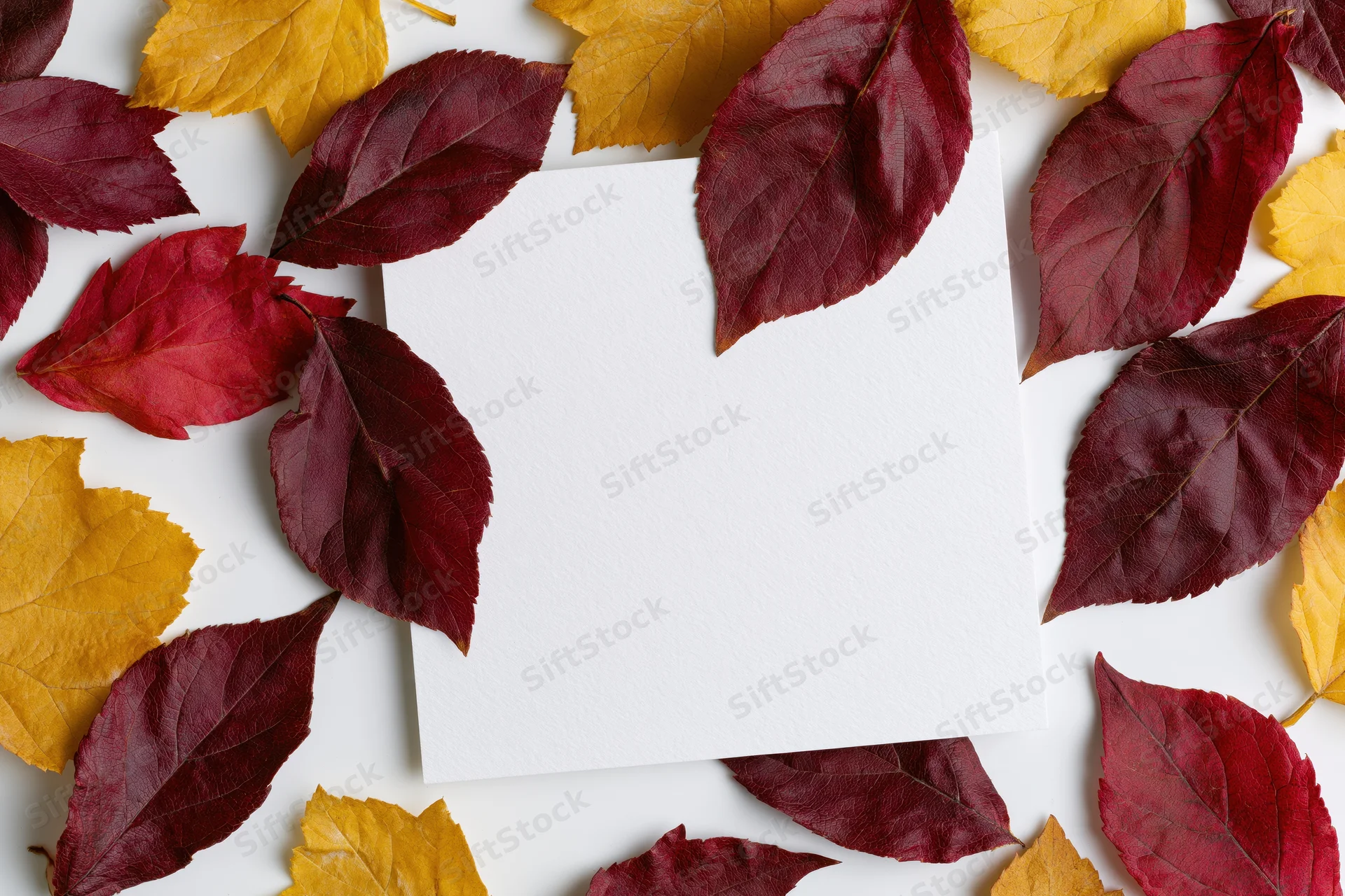 Blank white square card centered on a flat lay arrangement of red and yellow autumn leaves